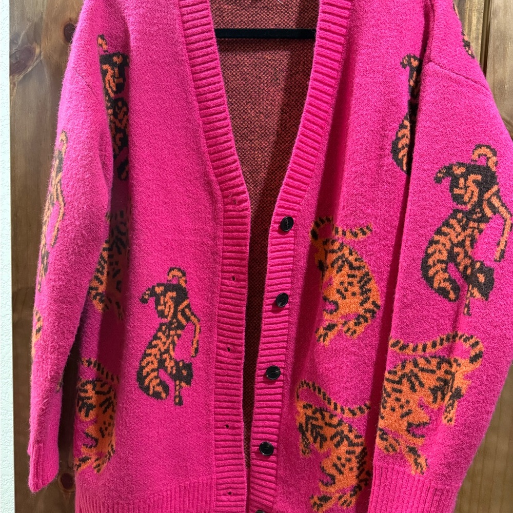 JODIFL Vibrant Pink Cardigan with Tiger Design